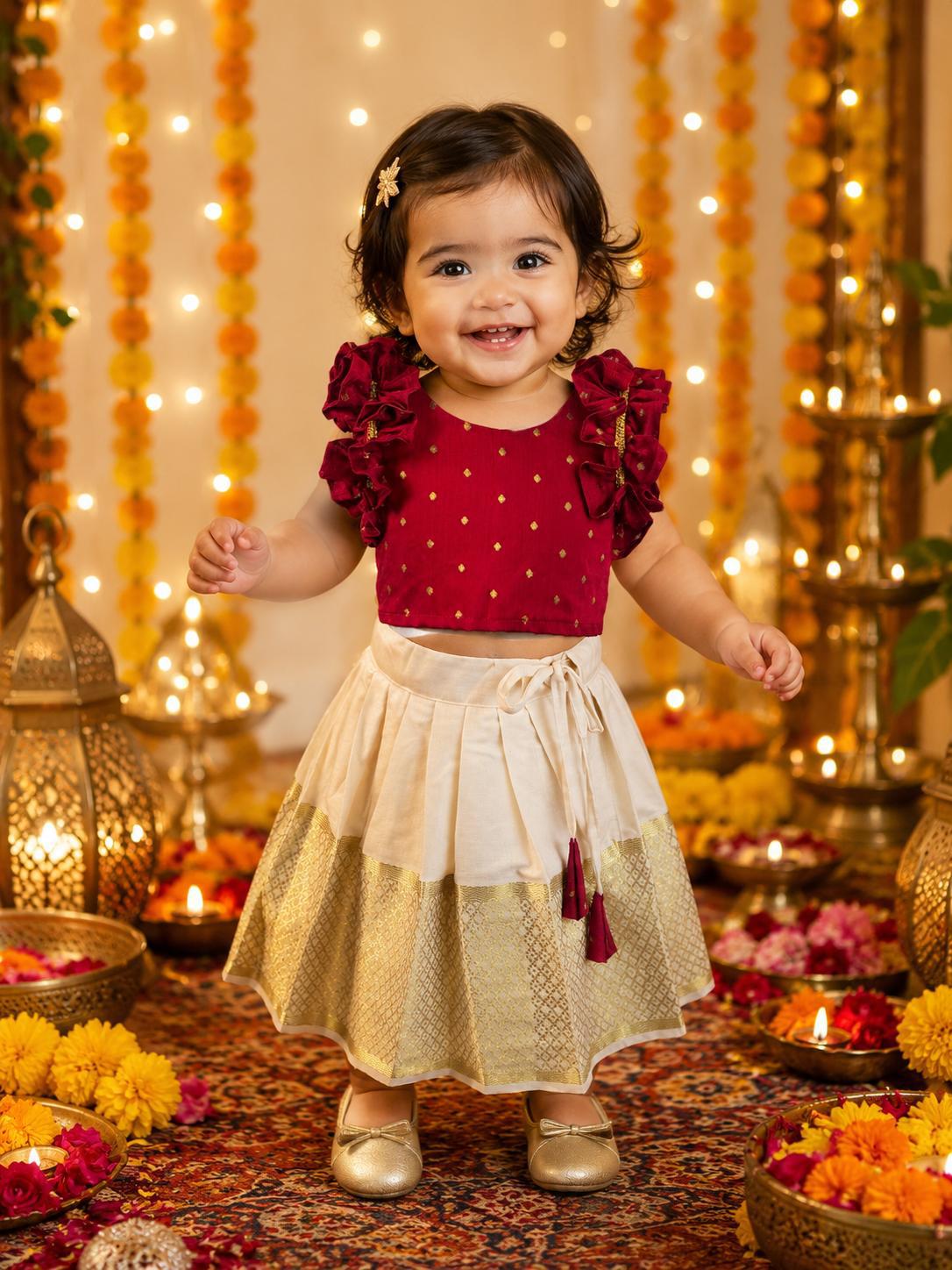 Maroon & Gold Pattu Pavadai Set for Baby Girls